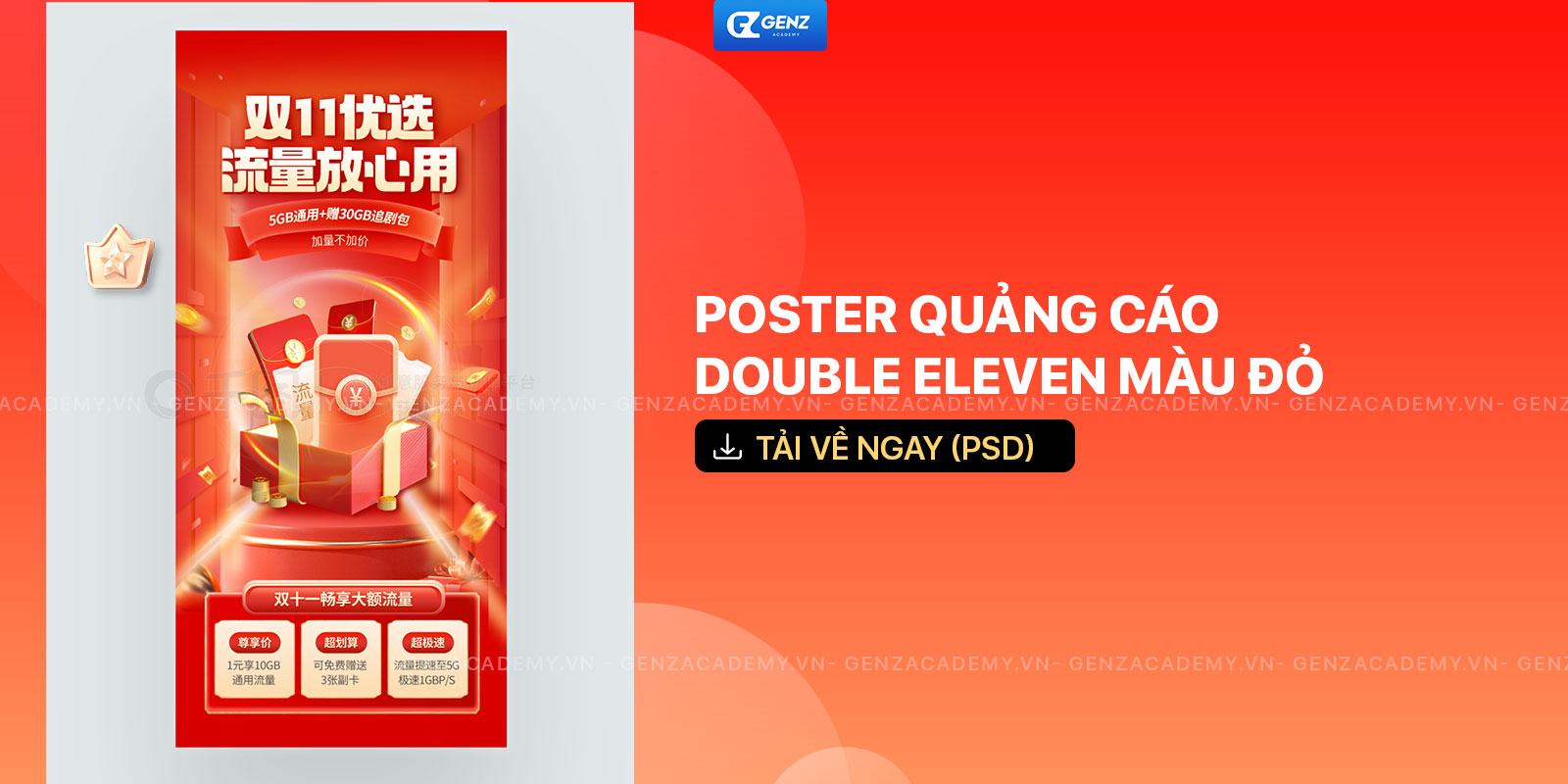 Poster quảng cáo Double Eleven màu đỏ - GenZ Academy-GenZ Academy