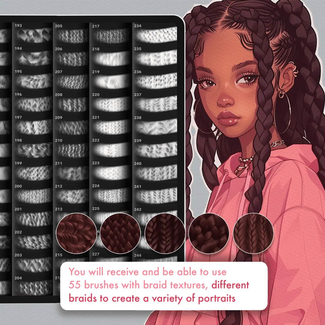 245 Cọ Tạo Texture Tóc Cho Procreate: Tóc Tết, Tóc Xoăn 5 20260222005739457-il_1140xN.6249735470_ob93