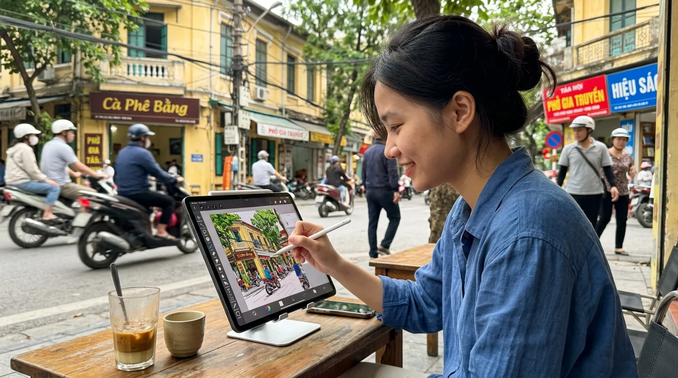Một người đang sử dụng ứng dụng vẽ kỹ thuật số trên máy tính bảng trong không gian làm việc hiện đại tại Việt Nam