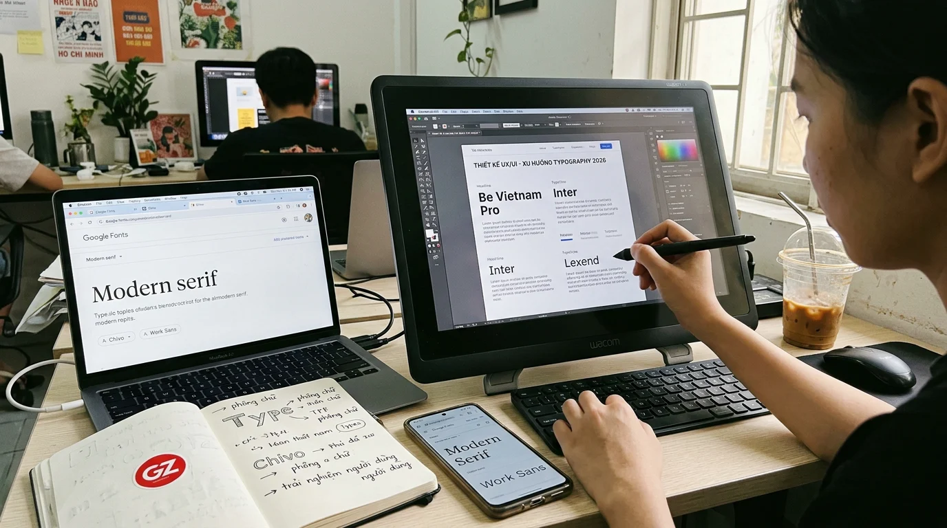 Góc làm việc của designer tại Việt Nam với màn hình hiển thị bảng font chữ hiện đại, bên cạnh là sổ tay và bút cảm ứng trên bàn gỗ.