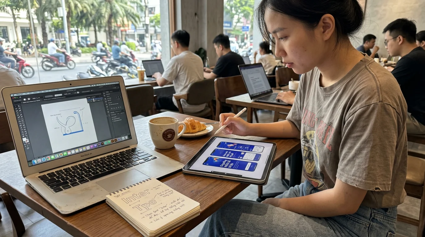 Góc làm việc của designer tại Việt Nam với màn hình hiển thị các font chữ miễn phí chất lượng cao
