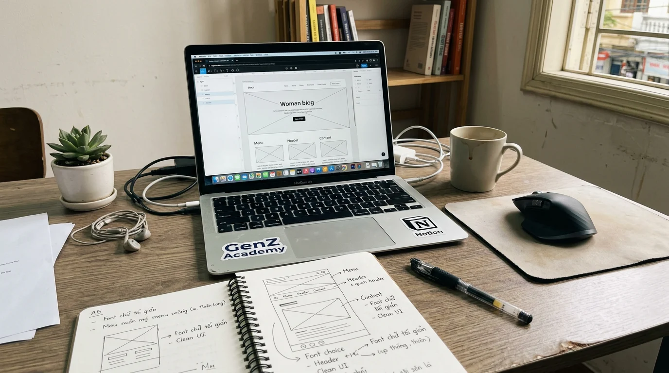 Góc làm việc của designer tại Việt Nam với màn hình máy tính hiển thị font chữ tối giản, bên cạnh là sổ tay và bút cảm ứng trên bàn gỗ.