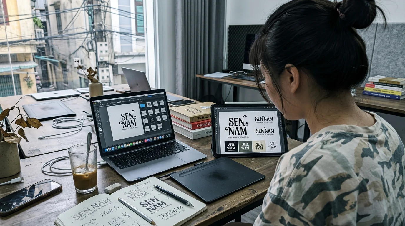 Góc làm việc của designer tại Việt Nam với màn hình hiển thị các font chữ nghệ thuật (Display) sáng tạo