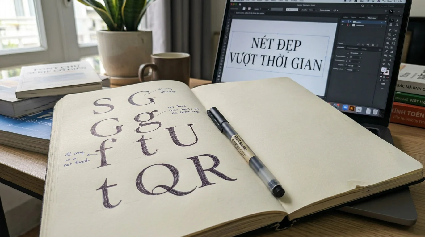 Một góc bàn làm việc của designer tại Việt Nam với màn hình hiển thị font chữ Serif cổ điển, bên cạnh là sổ tay và bút vẽ trong không gian sáng tạo.