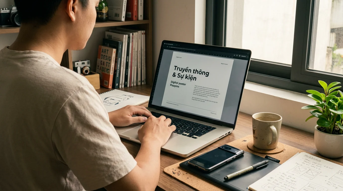 Góc làm việc của designer tại Việt Nam với màn hình hiển thị các font chữ Sans-Serif hiện đại trên phần mềm thiết kế