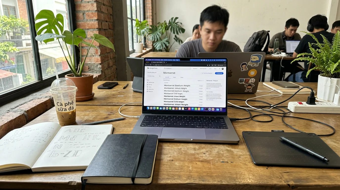 Góc làm việc của designer tại Việt Nam với màn hình hiển thị danh sách Google Fonts, bên cạnh là sổ tay và bút cảm ứng.