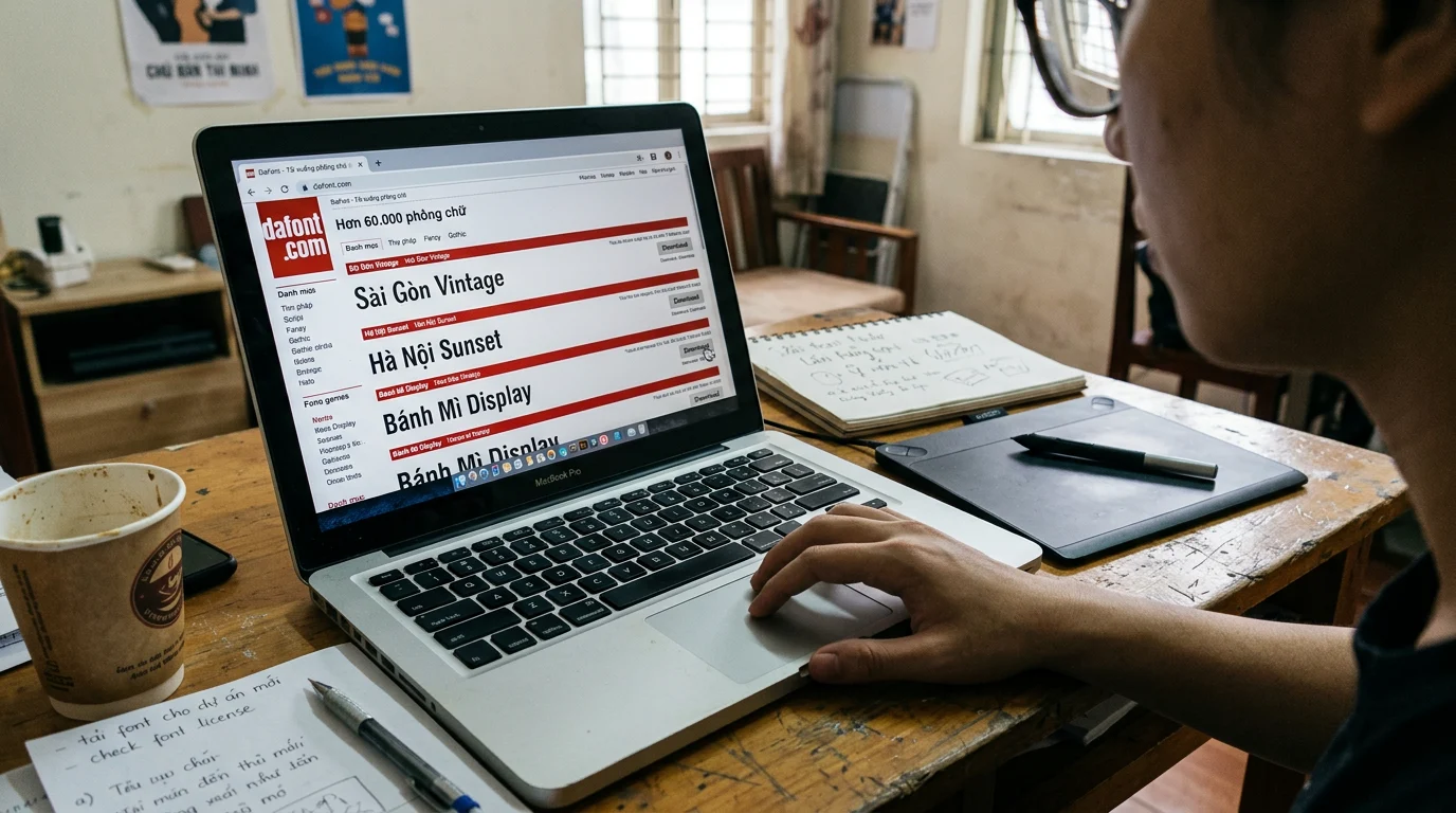 Góc làm việc của designer tại Việt Nam với màn hình máy tính đang mở trang web DaFont để tải 10 loại font miễn phí được sử dụng nhiều năm 2026