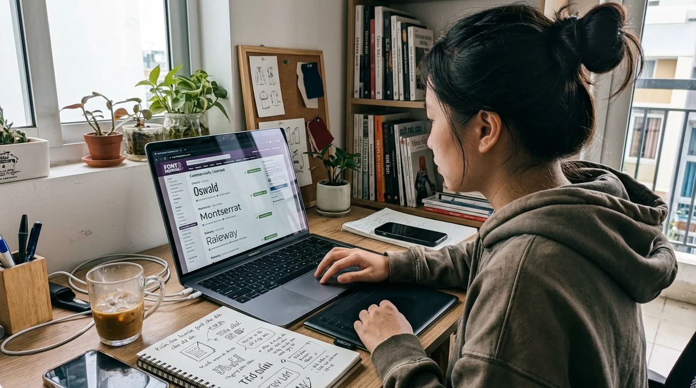 Góc làm việc của designer tại Việt Nam với màn hình hiển thị trang web Font Squirrel, minh họa cho danh sách 10 loại font miễn phí được sử dụng nhiều năm 2026