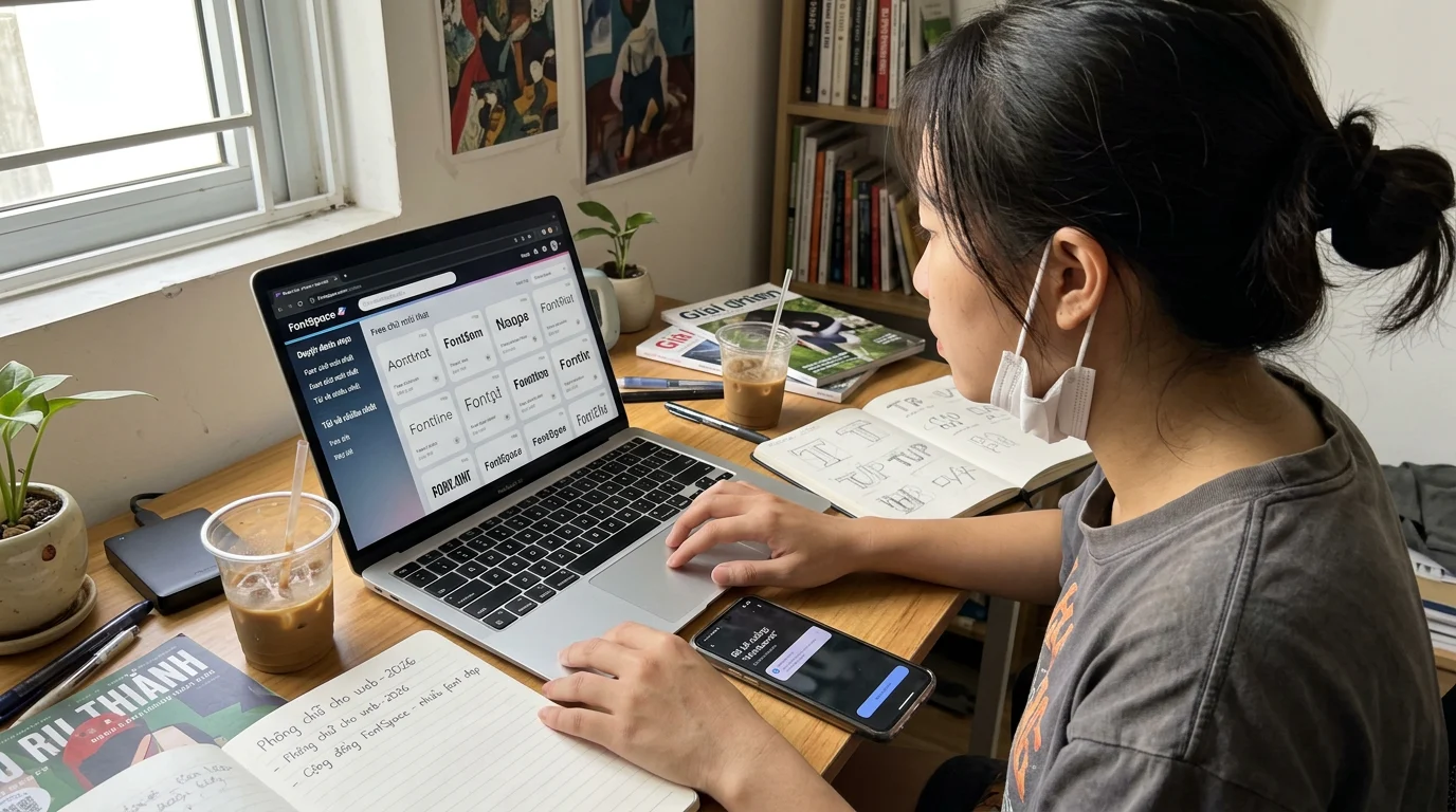 Góc làm việc của designer tại Việt Nam với màn hình máy tính hiển thị giao diện trang web FontSpace, bên cạnh là sổ tay và bút vẽ kỹ thuật số.
