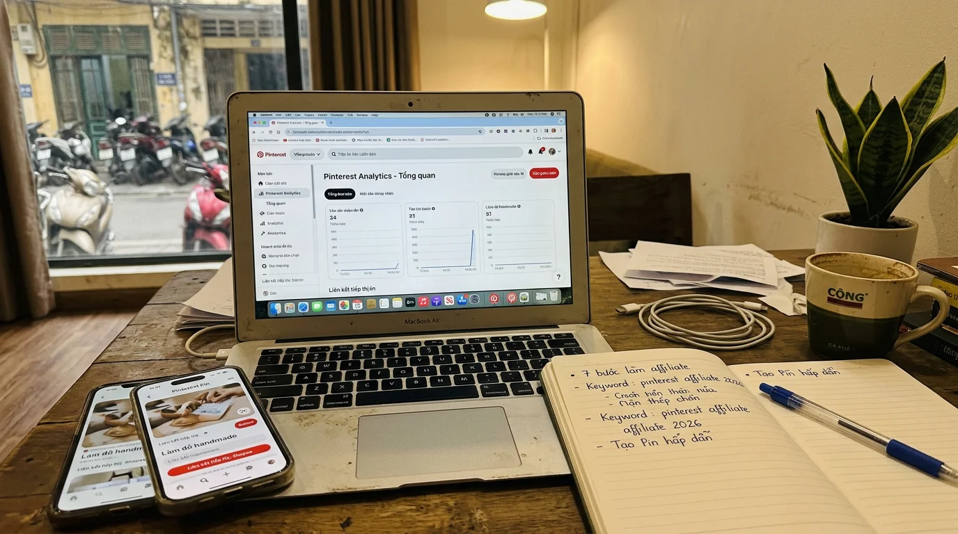 Góc làm việc với laptop và điện thoại hiển thị giao diện Pinterest, minh họa quy trình làm affiliate marketing tại Việt Nam