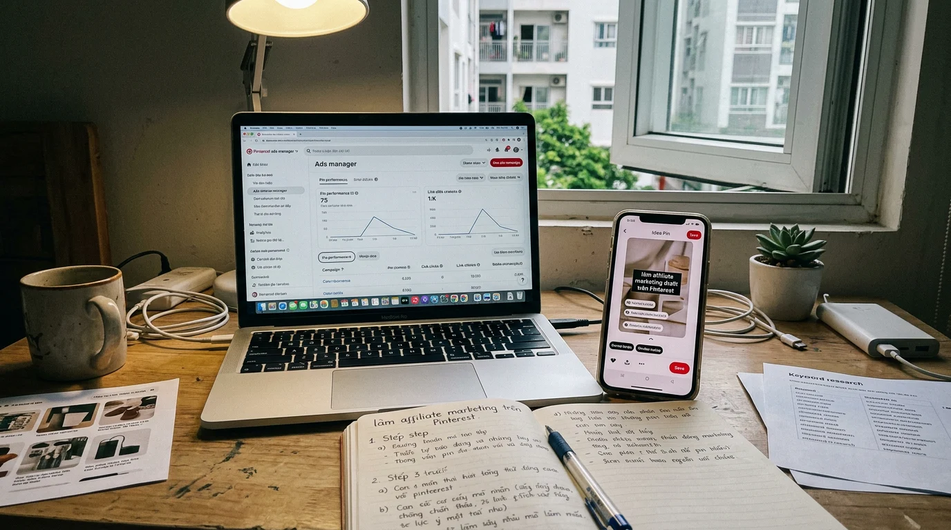 Góc làm việc tại Việt Nam với laptop hiển thị giao diện Pinterest và sổ tay ghi chú kế hoạch làm affiliate marketing