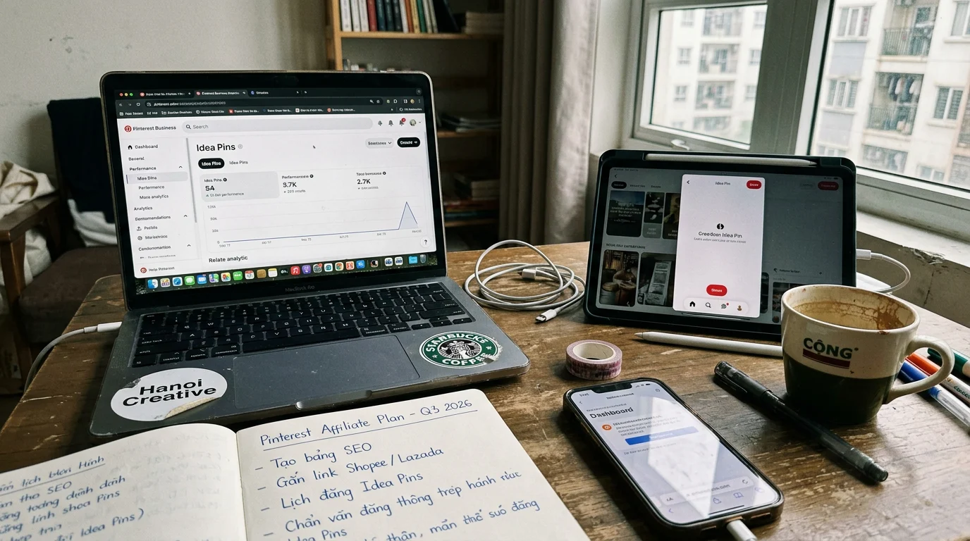 Góc làm việc tại Việt Nam với laptop hiển thị giao diện Pinterest và sổ tay ghi chú kế hoạch Affiliate Marketing