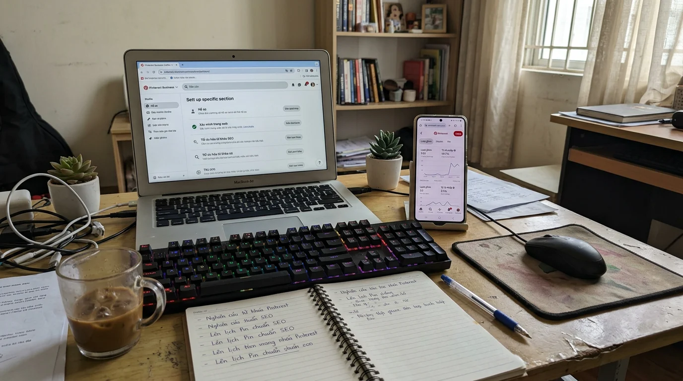 Góc làm việc tại Việt Nam với laptop hiển thị bảng điều khiển Pinterest Business, sổ tay ghi chú chiến lược affiliate và tách cà phê trên bàn gỗ