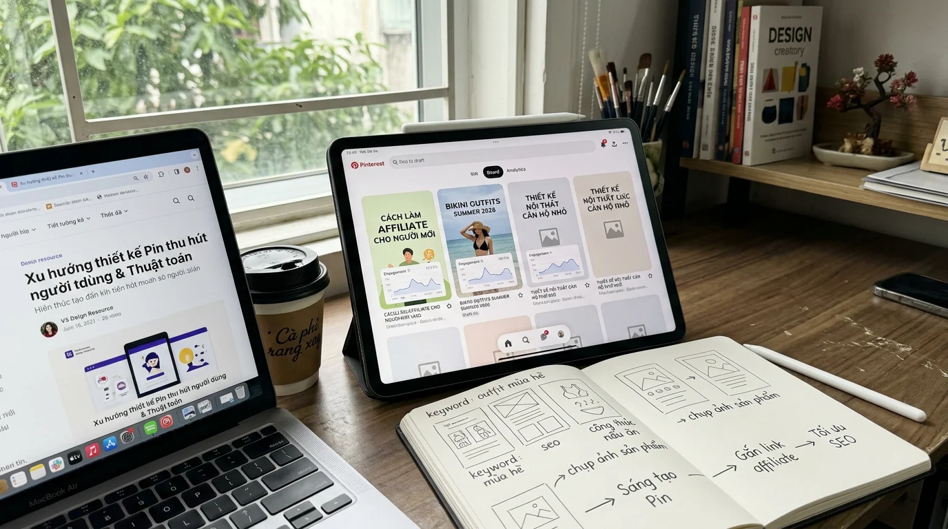 Góc làm việc sáng tạo tại Việt Nam với laptop hiển thị giao diện Pinterest và sổ tay ghi chú chiến lược nội dung