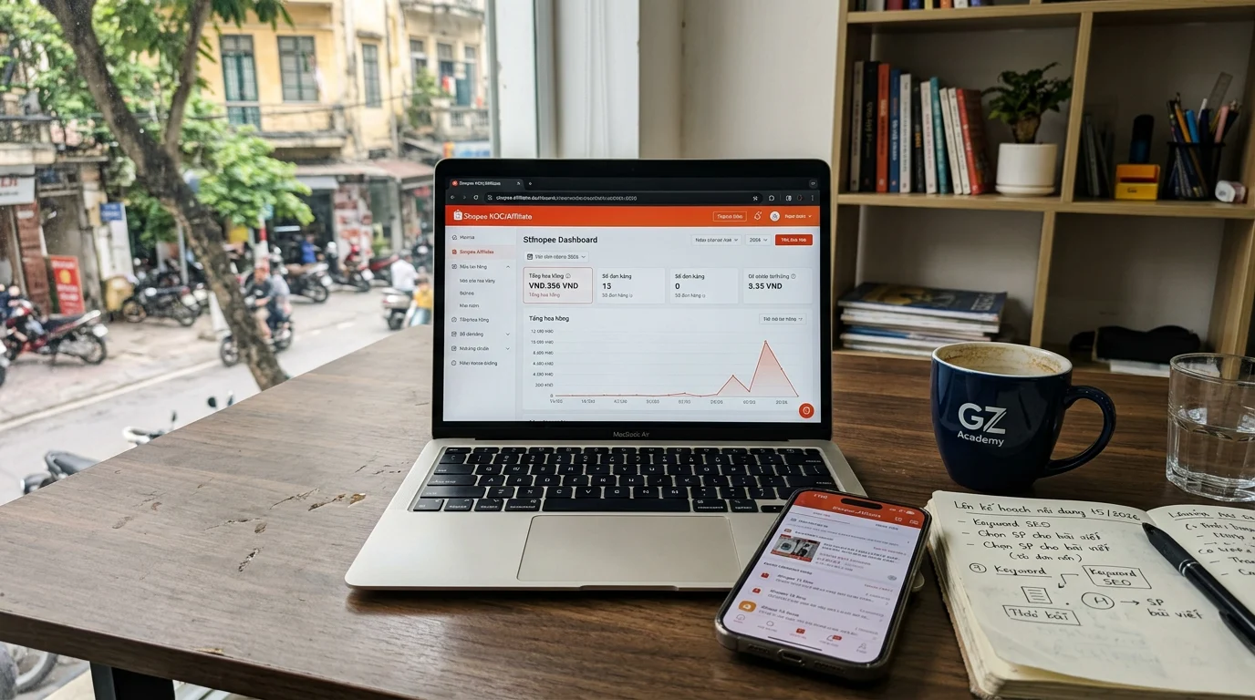 Một góc bàn làm việc tại Việt Nam với laptop hiển thị trang quản trị Shopee Affiliate, bên cạnh là điện thoại thông minh và sổ tay ghi chú, phong cách chụp ảnh thực tế.