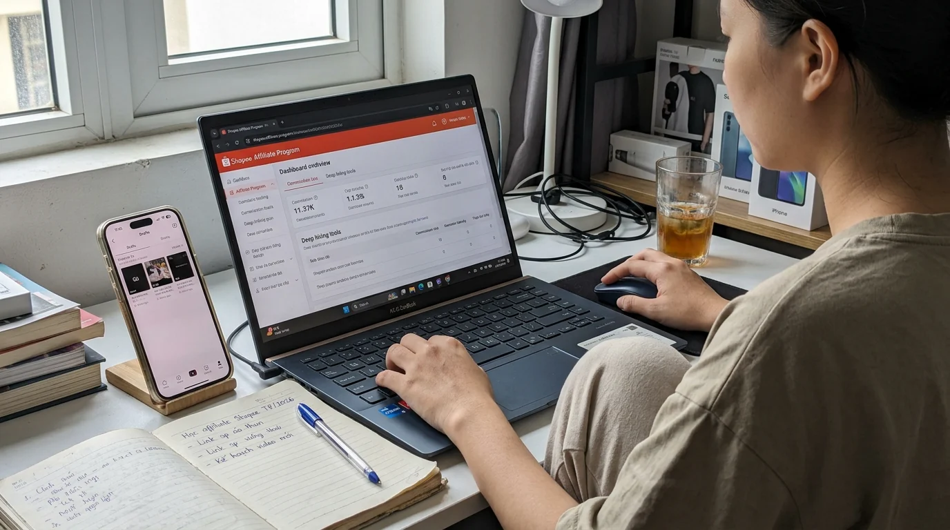 Góc làm việc của người sáng tạo nội dung tại Việt Nam với laptop và điện thoại đang mở giao diện Shopee Affiliate, phong cách thực tế.