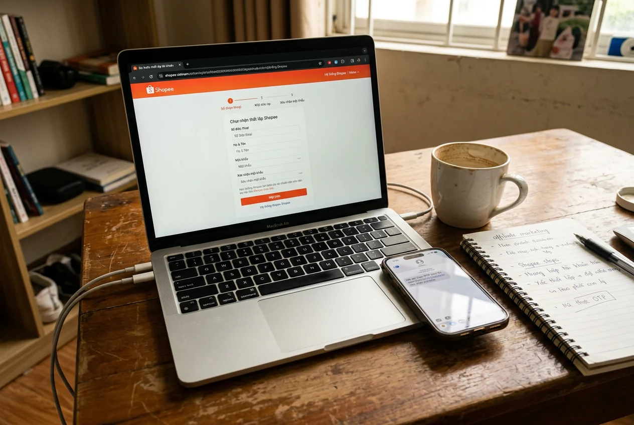 Laptop hiển thị giao diện đăng ký tài khoản Shopee Affiliate trên bàn làm việc tại Việt Nam