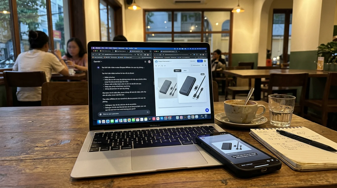 Góc làm việc với laptop và điện thoại đang hiển thị giao diện chỉnh sửa hình ảnh bằng AI để làm Affiliate Shopee