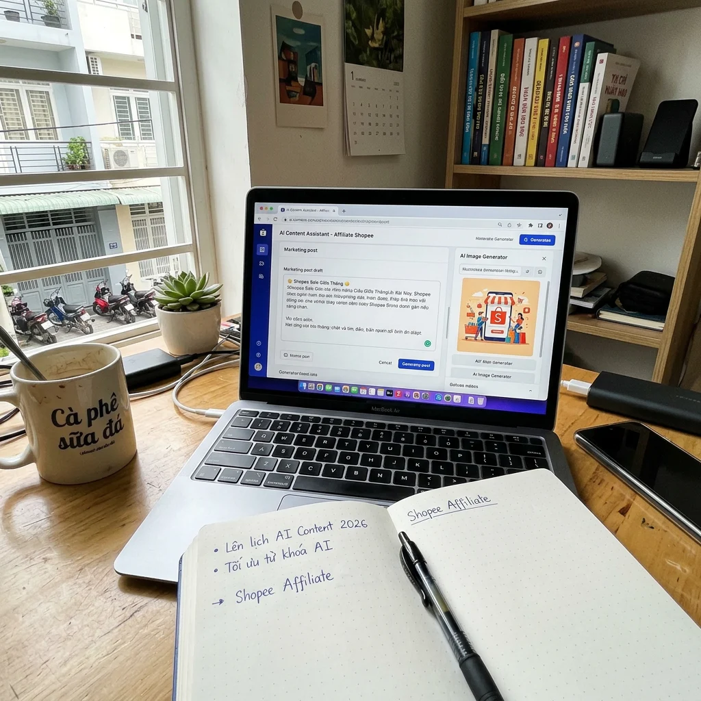 Góc làm việc hiện đại tại Việt Nam với laptop hiển thị bảng điều khiển AI hỗ trợ làm Affiliate Shopee năm 2026