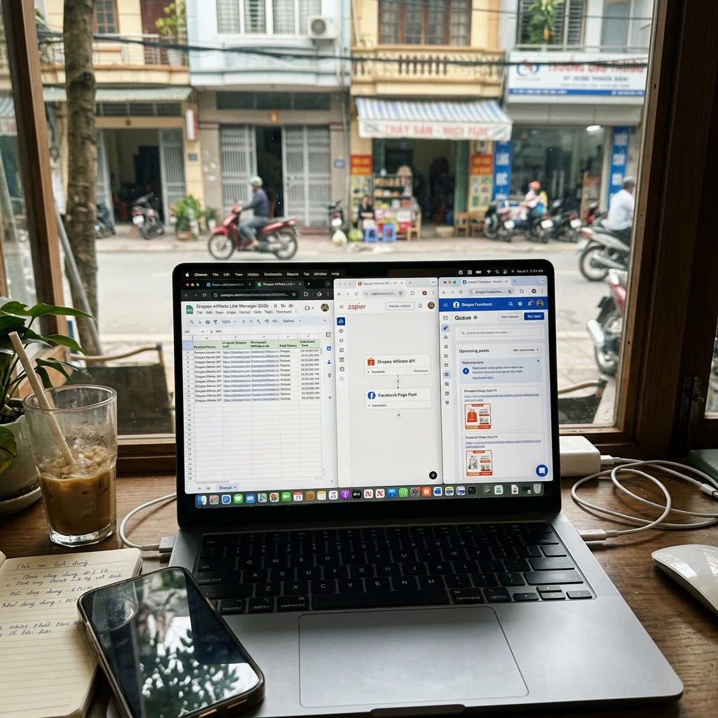 Góc làm việc với laptop hiển thị giao diện quản lý link affiliate Shopee tự động, không gian làm việc thực tế tại Việt Nam