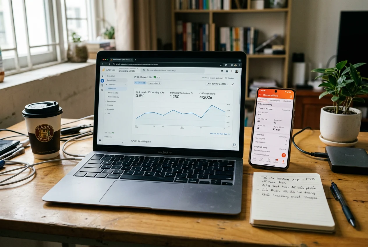 Góc làm việc với laptop hiển thị bảng điều khiển Affiliate Shopee, tối ưu hóa tỷ lệ chuyển đổi đơn hàng tại Việt Nam