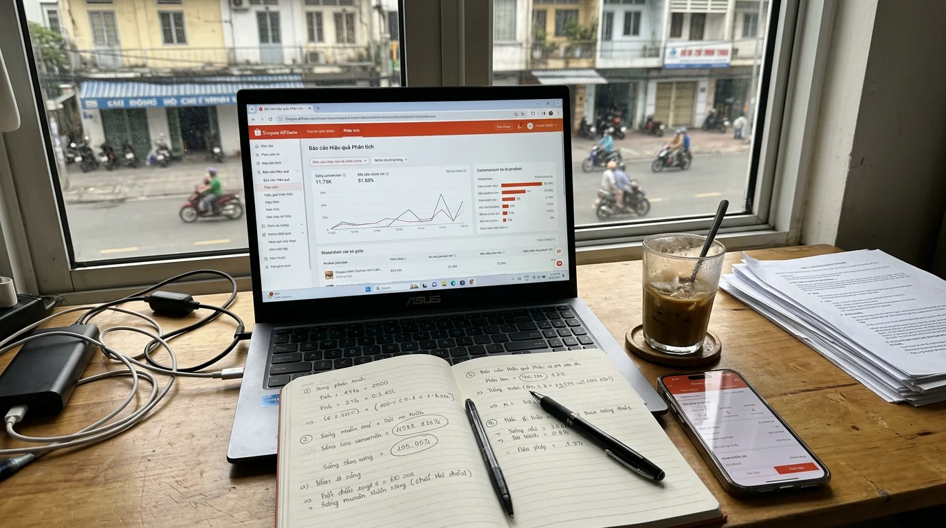 Màn hình laptop hiển thị biểu đồ báo cáo hiệu quả Shopee Affiliate trên bàn làm việc tại Việt Nam