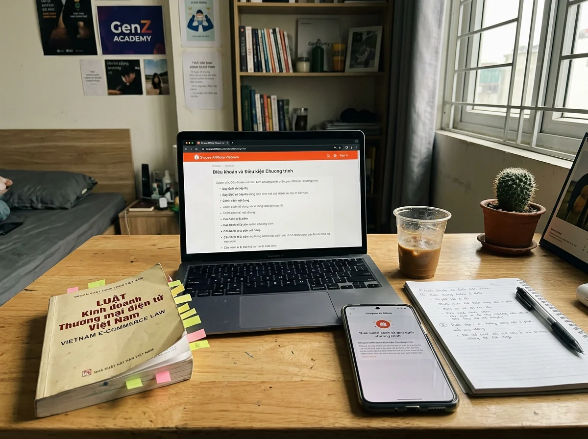 Một góc bàn làm việc tại Việt Nam với laptop hiển thị trang quy định Shopee Affiliate, sổ tay ghi chú và tách cà phê, thể hiện sự tuân thủ chính sách trong làm Affiliate Shopee 2026.