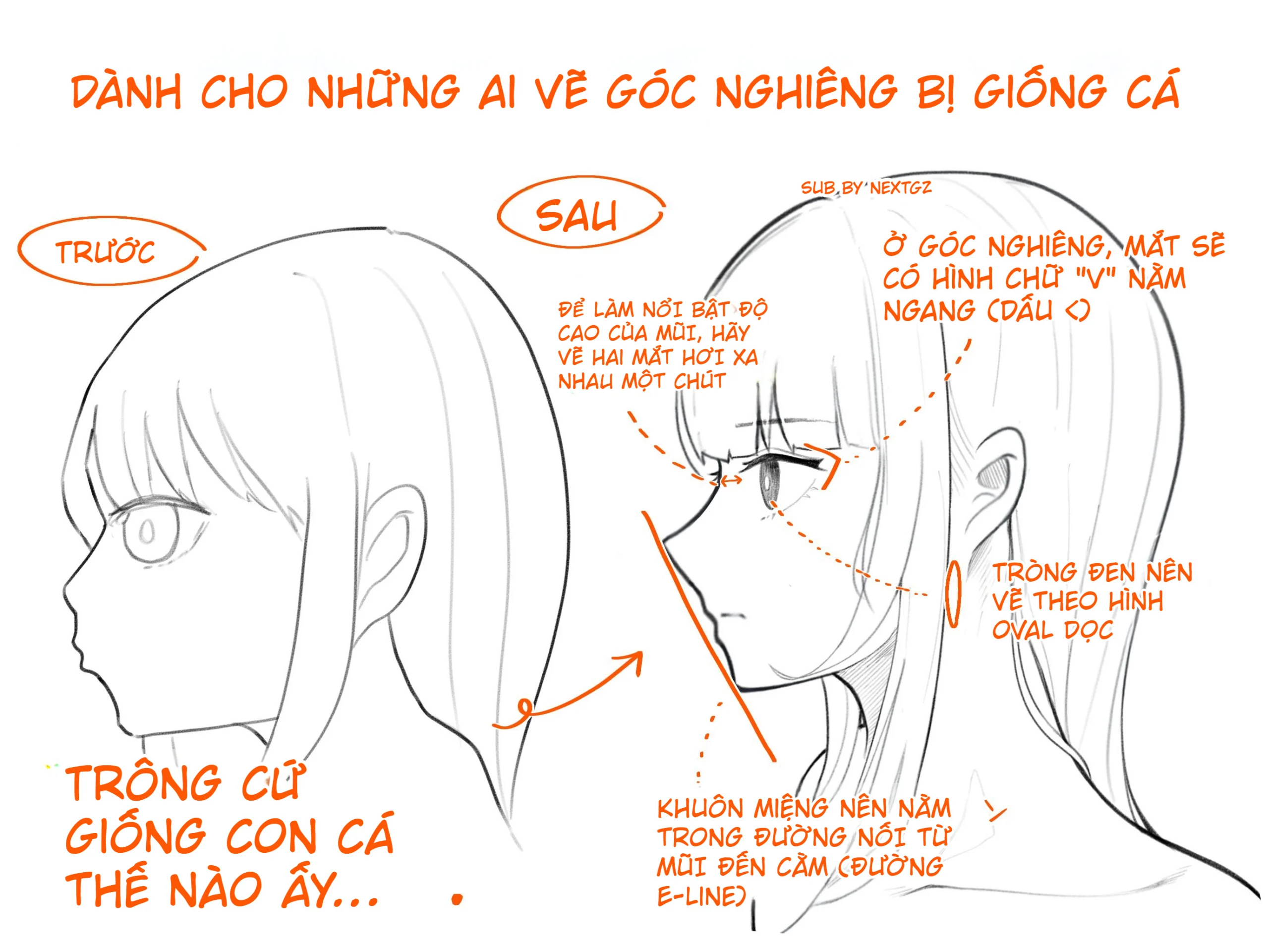Cách vẽ góc nghiêng anime không bị giống cá: sửa mắt, mũi, miệng bằng E-line-GenZ Academy