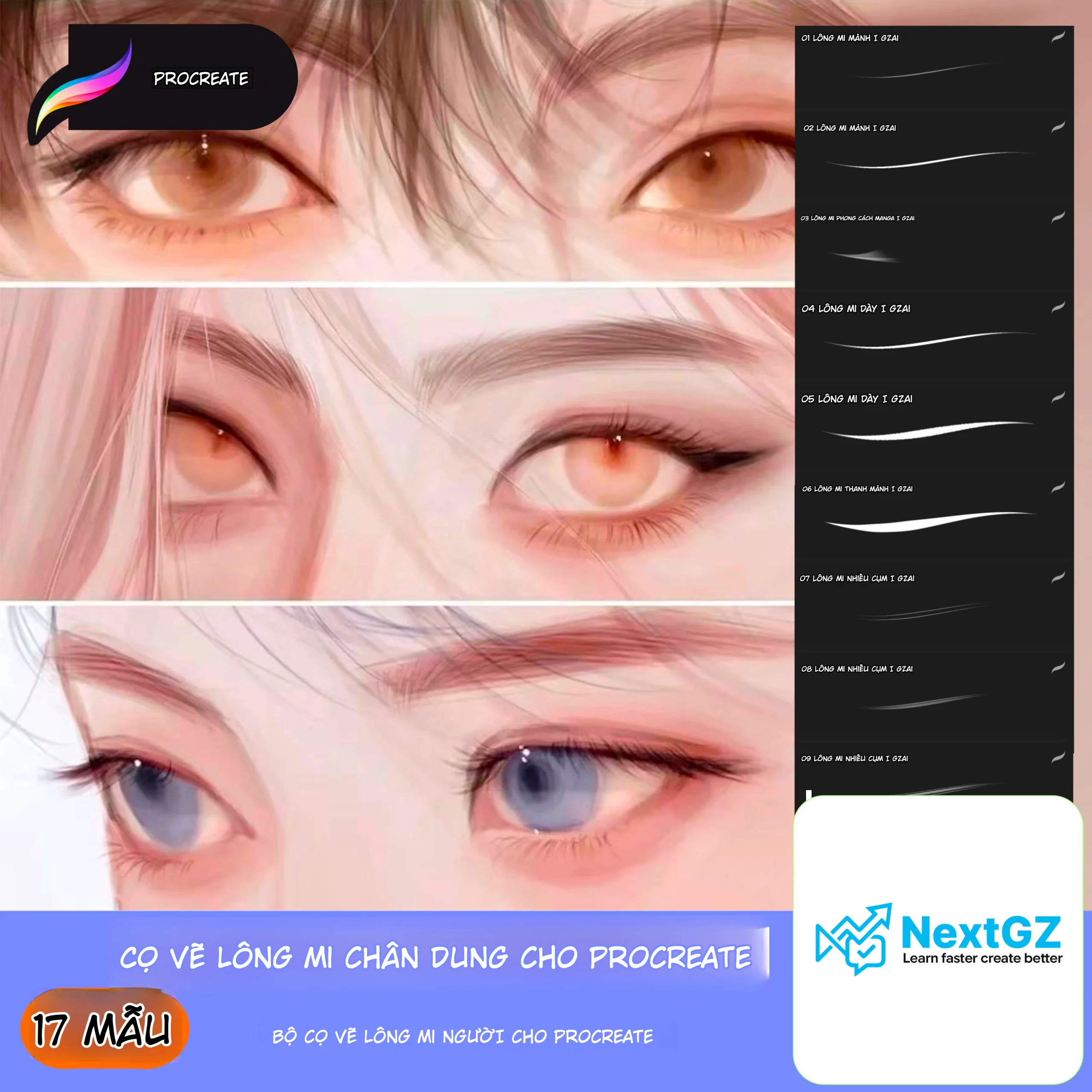 Bộ Cọ L&ocirc;ng Mi Procreate 17 Mẫu Cho Vẽ Ch&acirc;n Dung, Minh Họa V&agrave; Manga-GenZ Academy