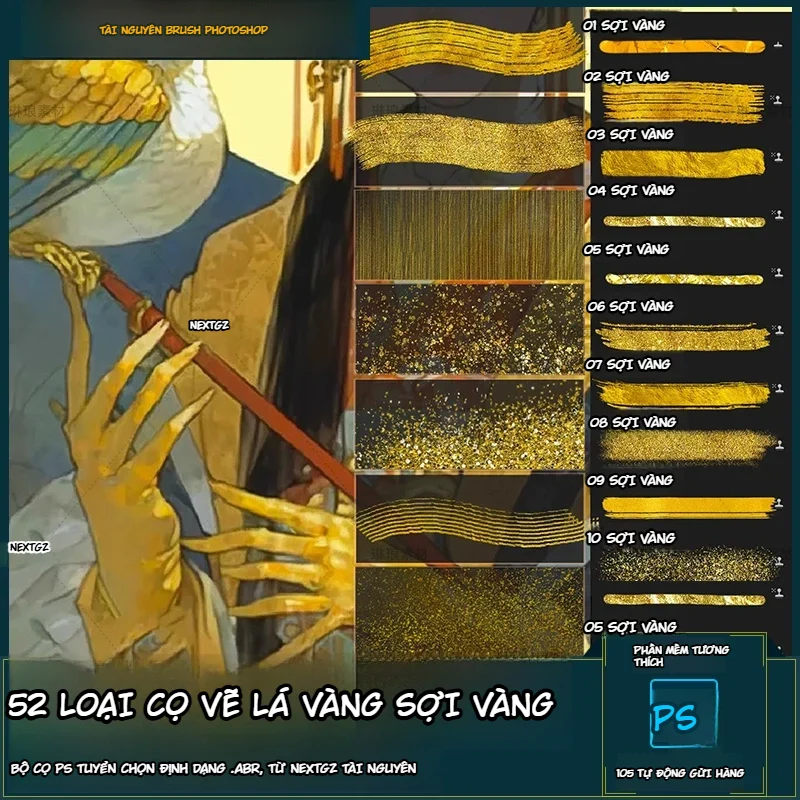 Bộ 52 Brush Lá Vàng Photoshop Hiệu Ứng Kim Tuyến, Dát Vàng, Cổ Phong Và Nét Vàng Trang Trí-GenZ Academy