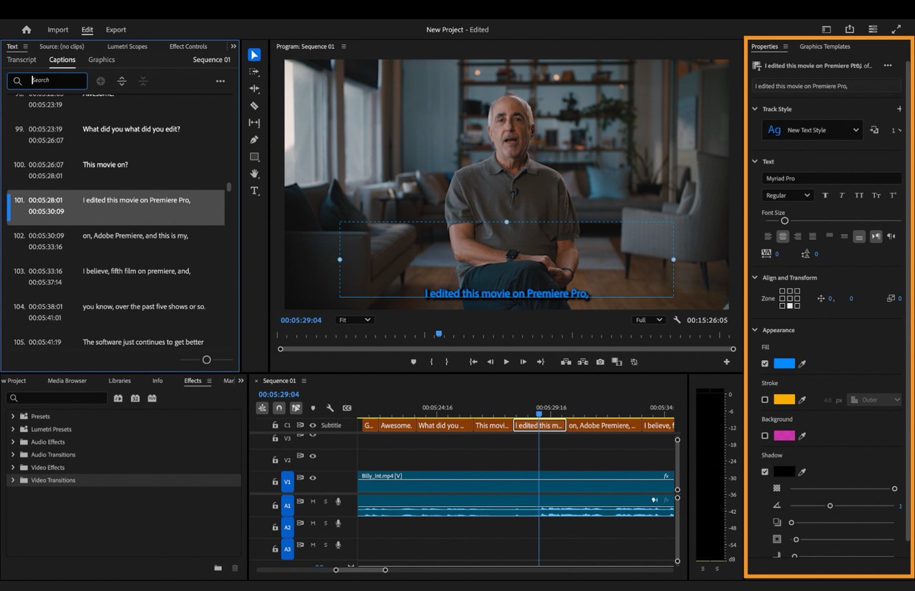 Quy Trình Hậu Kỳ Video Ngắn Bằng AI: Transcript, Rough Cut, B-roll, Âm Thanh Và QA 2 Bảng Properties của Adobe Premiere Pro để chỉnh font, màu, viền, bóng và căn chỉnh caption