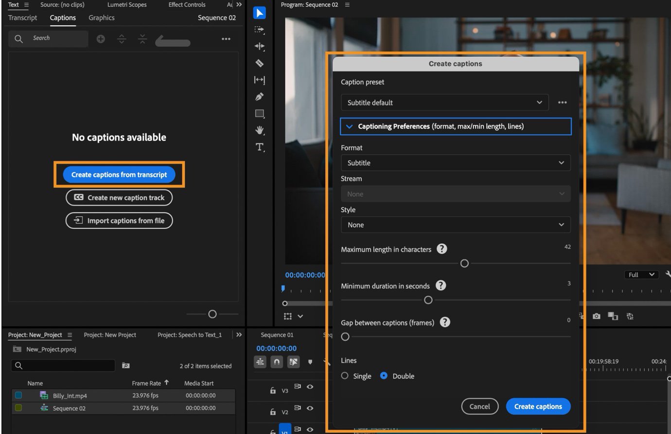 Quy Trình Hậu Kỳ Video Ngắn Bằng AI: Transcript, Rough Cut, B-roll, Âm Thanh Và QA 1 Hộp thoại Create Captions trong Adobe Premiere Pro với preset, định dạng, style và timing