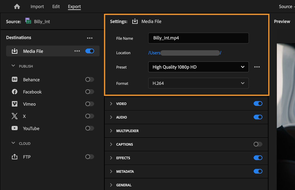 Quy Trình Hậu Kỳ Video Ngắn Bằng AI: Transcript, Rough Cut, B-roll, Âm Thanh Và QA 8 Màn hình Export của Adobe Premiere Pro với tên file, vị trí, preset và định dạng đầu ra