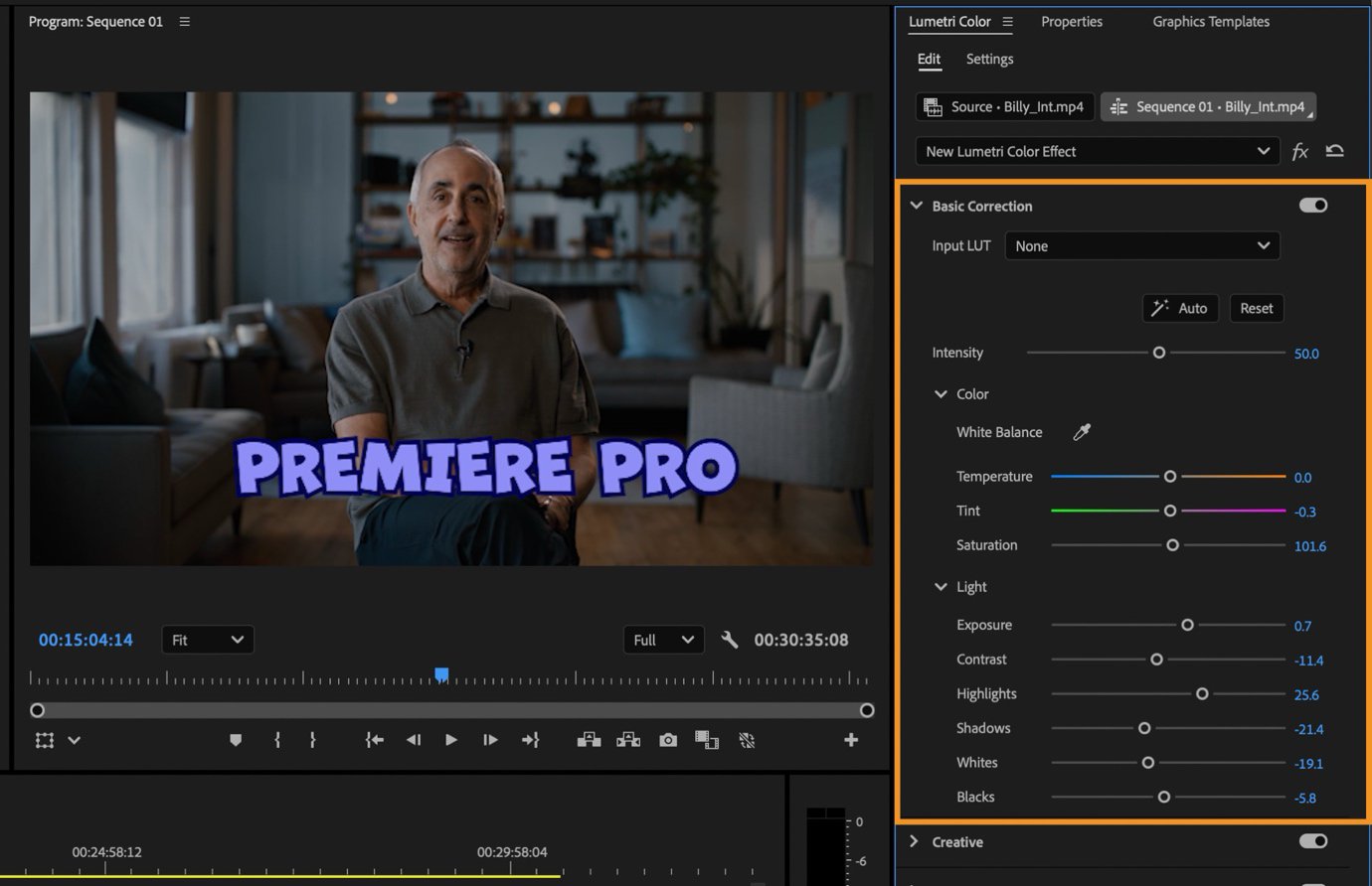 Quy Trình Hậu Kỳ Video Ngắn Bằng AI: Transcript, Rough Cut, B-roll, Âm Thanh Và QA 6 Bảng Basic Correction của Lumetri Color với điều khiển white balance, exposure và contrast