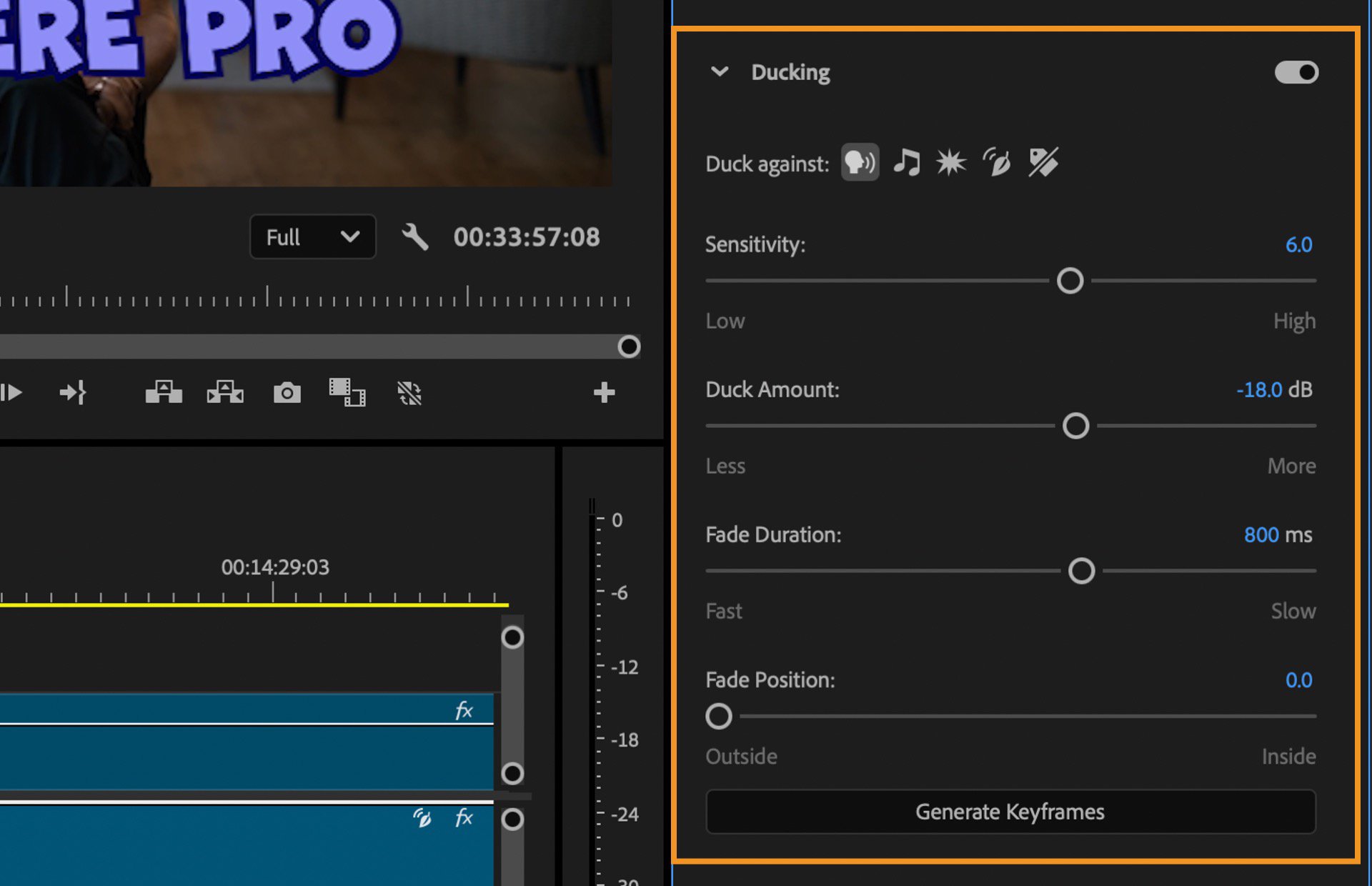 Quy Trình Hậu Kỳ Video Ngắn Bằng AI: Transcript, Rough Cut, B-roll, Âm Thanh Và QA 3 Giao diện Adobe Premiere Pro thiết lập Auto Ducking để hạ nhạc nền khi có lời thoại