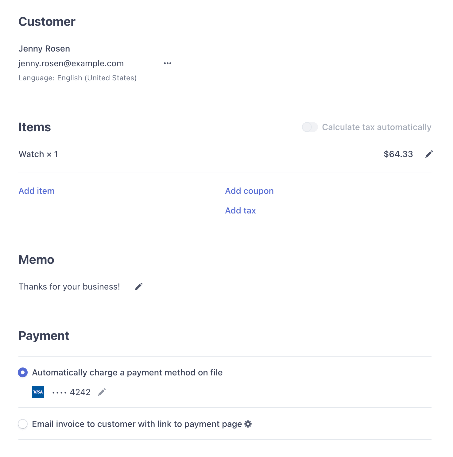 Màn hình tạo và gửi hóa đơn Stripe