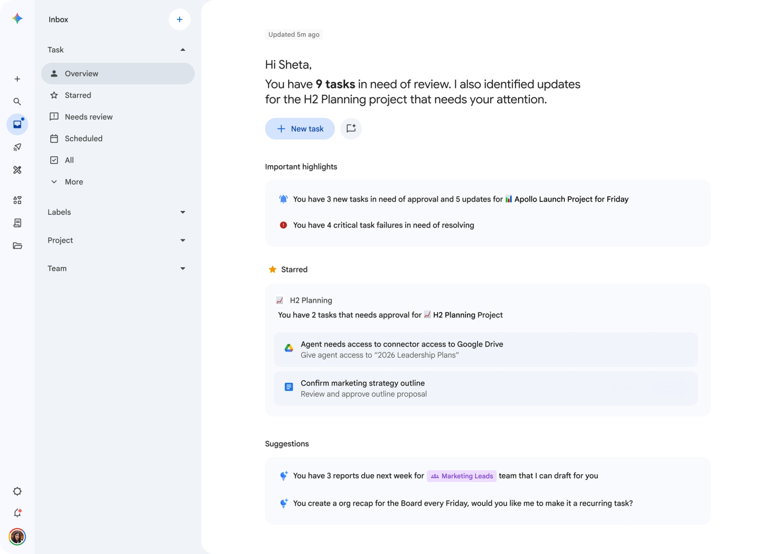 MCP Và AI Agent Cho Creator, Marketing 2026: Kiến Trúc Tool, Phân Quyền, Phê Duyệt Và Workflow Tự Động Hóa An Toàn 5 Dashboard AI Inbox hiển thị nhiệm vụ, trạng thái, hạn hoàn thành và mục cần người dùng can thiệp