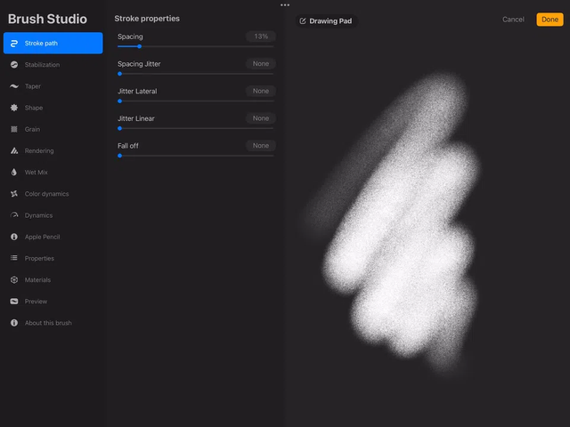 Thiết lập Spacing Jitter trong Brush Studio của Procreate 5.4