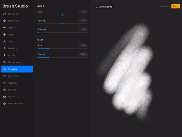 Thiết lập Dynamics Spacing trong Procreate 5.4 Brush Studio
