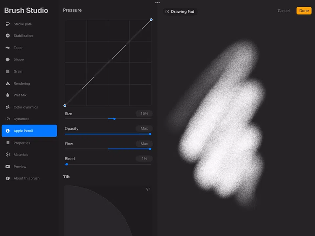 Biểu đồ áp lực riêng cho từng cọ trong Procreate 5.4