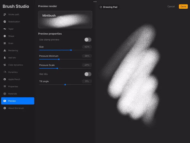 Tab Preview mới trong Brush Studio của Procreate 5.4