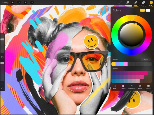 Giao diện Colors Disc, History và bảng màu đang hoạt động trong Procreate