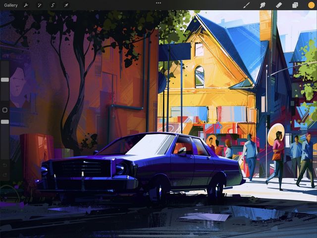 Tranh minh họa cảnh đường phố với tương phản màu nóng lạnh trong Procreate