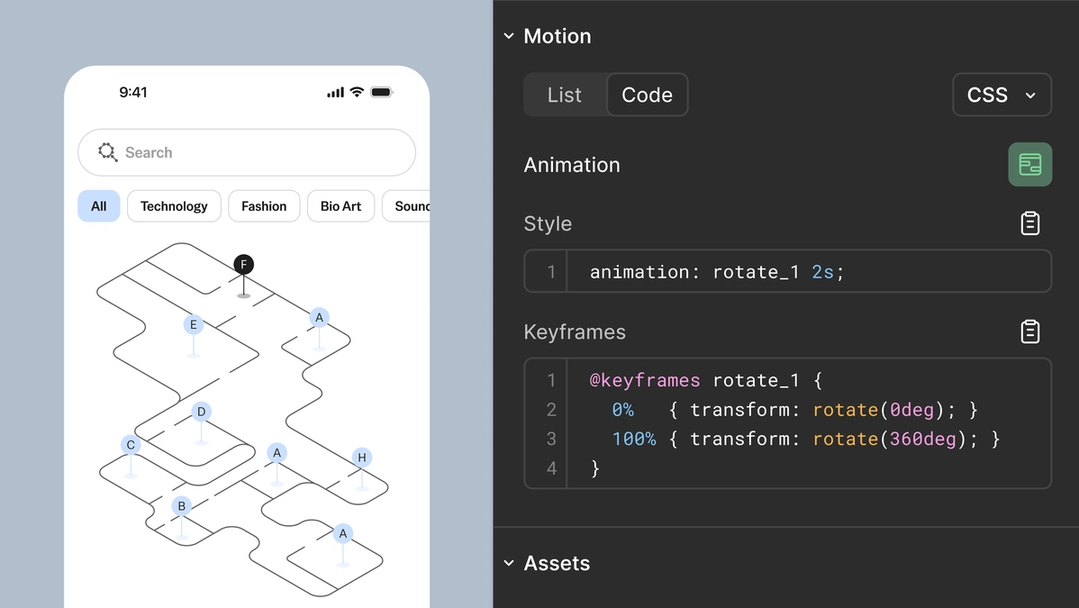 Figma Motion 2026: Timeline, Keyframe, Motion Variables Và Cách Handoff Animation Sang Dev Mode 5 Dev Mode trong Figma hiển thị code animation, keyframe và thông số chuyển động
