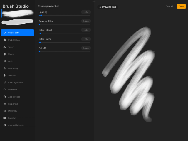 Brush Studio Procreate với thiết lập Stroke Path, Spacing và Jitter