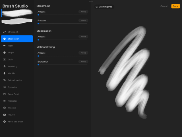 Brush Studio Procreate với StreamLine, Stabilization và Motion Filtering