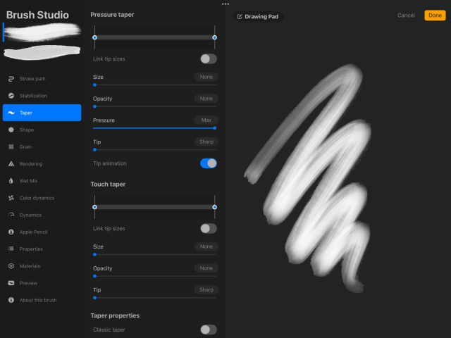 Brush Studio Procreate với Pressure Taper và Touch Taper