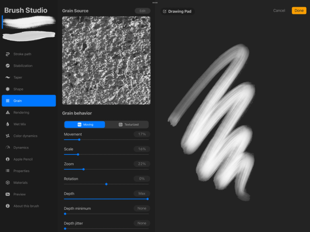 Brush Studio Procreate với Grain Source và Grain Behavior