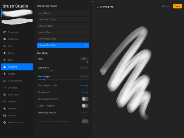 Brush Studio Procreate với Rendering Mode, Flow, Wet Edges và Alpha Threshold