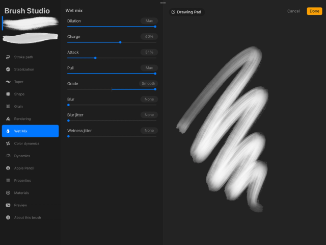 Brush Studio Procreate với Dilution, Charge, Attack, Pull và Wet Mix